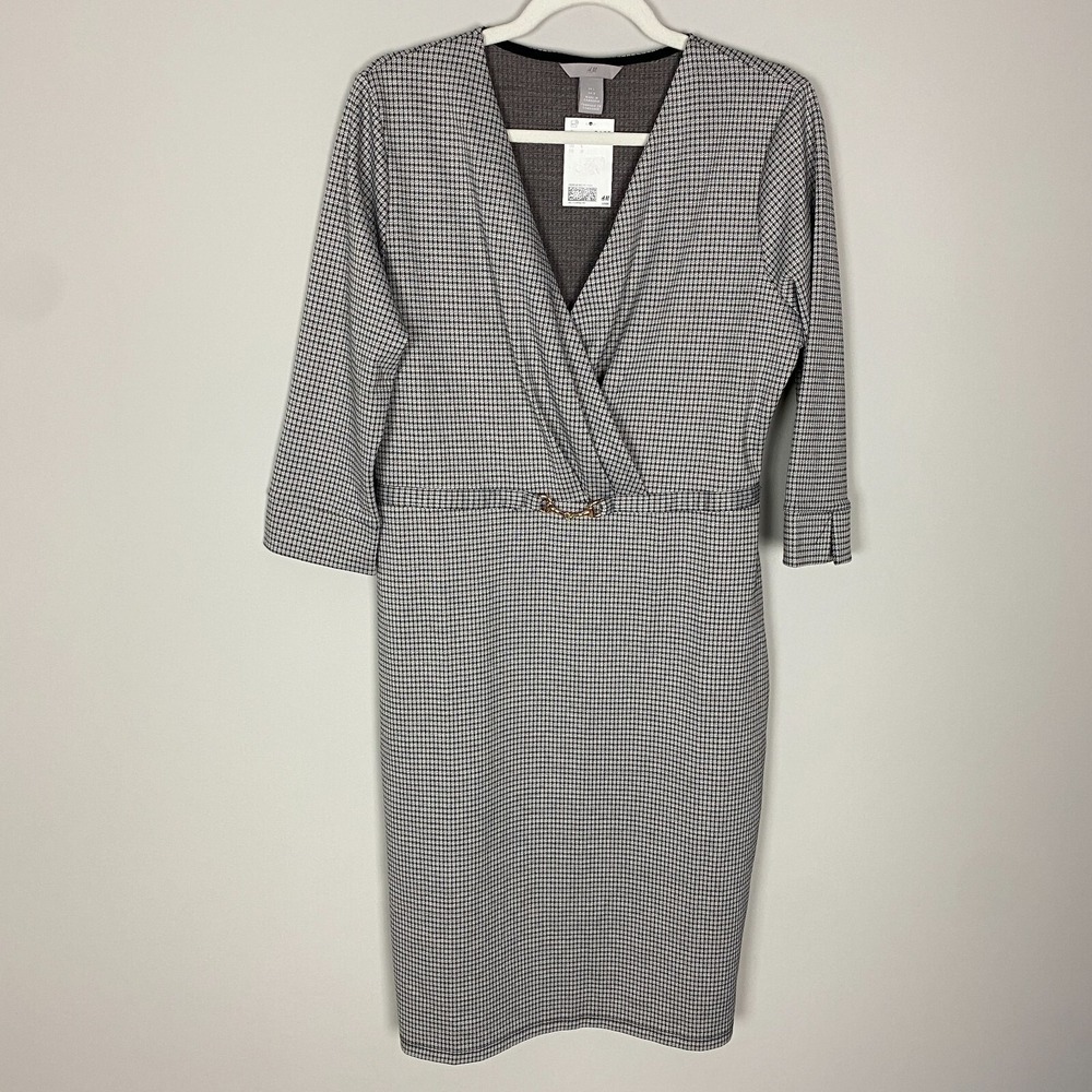 H&M Houndstooth Sheath Dress Womens Large Chain Surplice Neckline Office Career